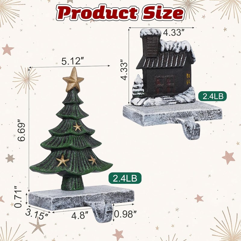 IGOHEALS Stocking Holders for Mantle – 3D Christmas Stocking Holder Heavy Duty Cast Iron Garland Hangers for Mantel with Non-Slip Base | Xmas Decor, Sturdy Fireplaces Hook (Tree and Cottage) - Image 3